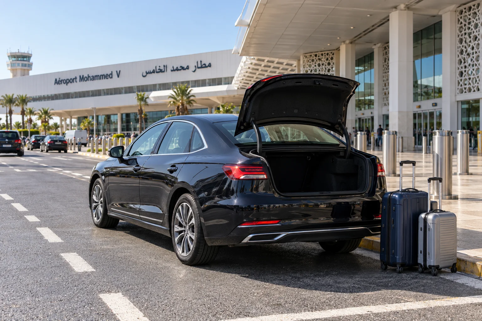 Pre-arranged sedan pickup with luggage outside Mohammed V Airport in Casablanca. taxi casablanca airport
