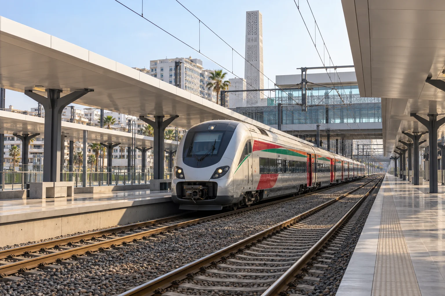 Railway platforms and passenger train at Casa Voyageurs station in Casablanca. casablanca airport train